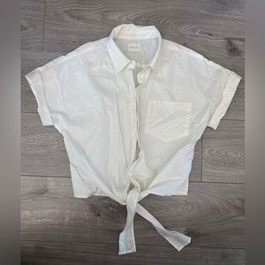 ID:23 crop top button up tie waist short sleeve white blouse